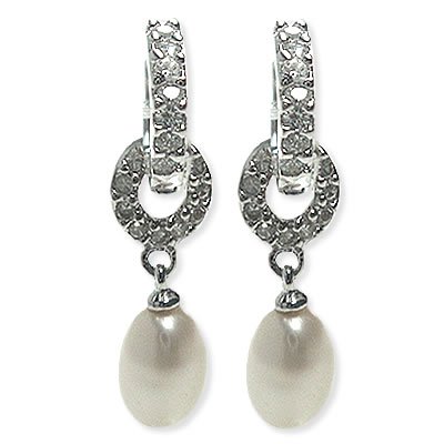 Sterling Silver CZ Pearl Drop Removable Hoop Dangle Earrings
