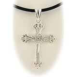 Sterling Silver Floral Cross Pendant Rubber Cord Necklace 14 16 18 20 22 24 Inch