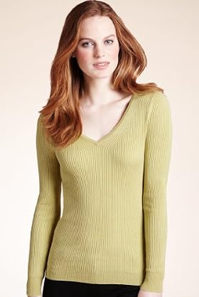 Ribbed V-Neck Long Sleeve Jumper