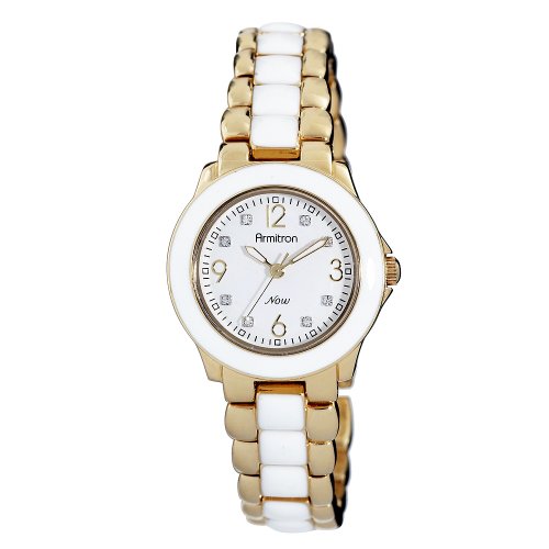 Armitron NOW Womens 753896WTGPWT Swarovski Crystal Accented Gold-Tone White Enamel Dress Watch
