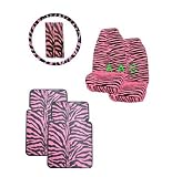 7-Piece Safari Animal Print Automotive Interior Gift Set - 2 Universal-Fit Zebra Black and Pink Front Bucket Seat Covers, 2 Universal-Fit Zebra Black and Pink Front Rubber Floor Mats, One Zebra Black and Pink Steering Wheel Cover and Two Zebra Black and Pink Shoulder Belt Pad