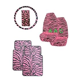 7-Piece Safari Animal Print Automotive Interior Gift Set - 2 Universal-Fit Zebra Black and Pink Front Bucket Seat Covers, 2 Universal-Fit Zebra Black and Pink Front Rubber Floor Mats, One Zebra Black and Pink Steering Wheel Cover and Two Zebra Black and Pink Shoulder Belt Pad