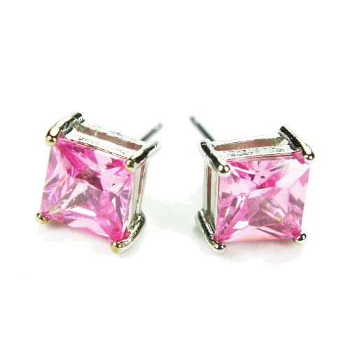 CZ-Princess Stud Earrings, Pink Topaz-Colored CZs, Post