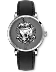 SPRAWL Aanalog Fashion Series Silver Ladies Watches of Genuine Black Leather Strap,Unique Wrist Watch for Women Girls Designed with Skull crowned
