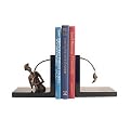 Set of Wood Bookends with Bronze Fisherman
