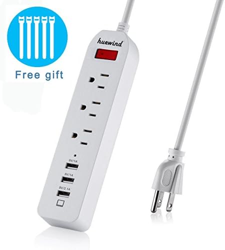 Huewind USB Power Strip/Surge Protector PowerPort Strip with 3 AC Outlets, 3 -Port USB Charger with (5V.1.0A-2.4A) 5.5ft Cord for iPhone, iPad, Samsung Galaxy S6/S6 edge, HTC M9, Motorola, LG