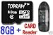 TOPRAM 8GB MicroSDHC in Retail Package + TOPRAM USB2.0 SDHC Card Reader Bundle