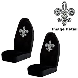 Fleur de Lis French Cross Silver Gem Crystal Studded Rhinestone Bling Car Truck SUV Front Universal-Fit Bucket Seat Covers - PAIR