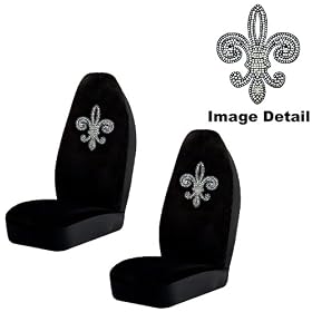 Fleur de Lis French Cross Silver Gem Crystal Studded Rhinestone Bling Car Truck SUV Front Universal-Fit Bucket Seat Covers - PAIR