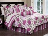 Best Quality Lavender Blossom Vine Stripe Queen Comforter Set with Bonus Pillows By Pem America