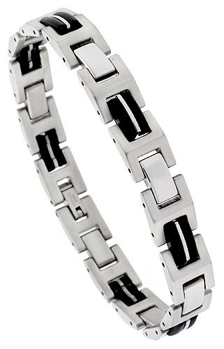 8 1/4 Solid Link Surgical Steel & Rubber Bracelet 3/8 (10 mm) wide.