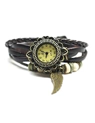Brown Leather Antique Gold Bronze feather with Wood Beads Bohemian Bracelet wrist watch 7" to 8 1/4"