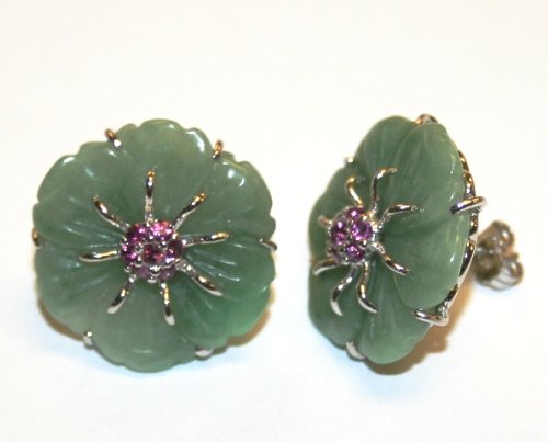 Buy Carved Jade Flower Stud Earrings with Pink Garnet Rhodolite Centers in Sterling Silver