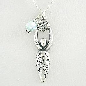 Lunar Goddess Pendant with Celestial Symbols in Sterling Silver with Swarovski Crystal on a 16" Box Chain, #8523