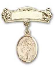 Gold Filled Baby Badge with St. Nicholas Charm and Arched Polished Badge Pin