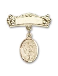 14K Gold Baby Badge with St. Nicholas Charm and Arched Polished Badge Pin