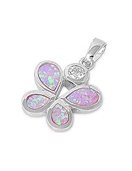 Sterling Silver Pink Lab Opal Butterfly Pendant and Necklace