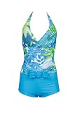 Marina West Ladies Tankini Boyshorts Swimsuit, Turquoise Tropical Print, Halter Two Piece