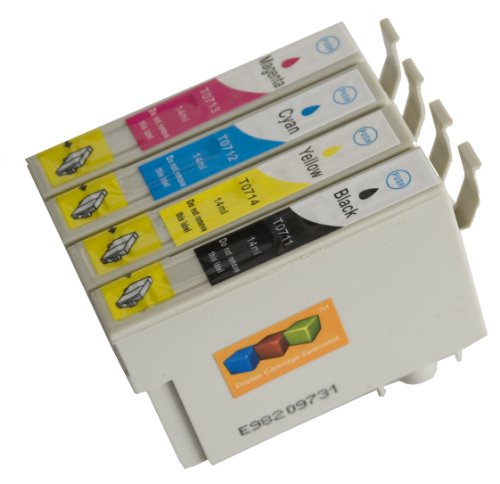 Epson Compatible T0715 (T711-T714) Full Set of High Yield (19ml) Black/Cyan/Magenta/Yellow Ink Cartridges for Epson Stylus D78 D92 D120 DX4000 DX4050 DX4400 DX4450 DX5000 DX5050 DX6000 DX6050 DX7000F DX7400 DX7450 DX8400 DX8450 DX9400P S20 SX100/SX105 SX200 SX205 SX400 SX405 SX600FW Office B40W BX300F BX600FW by King of Flash
