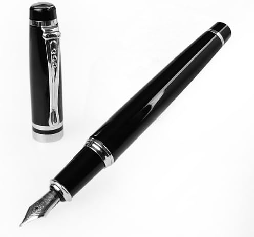 Classic Black Fountain Pen Golden Chrome Ring & Tip with Push in Style Ink Converter