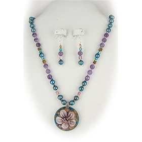 Murano Glass Lavender Flower Pendant Freshwater Pearl Earrings Necklace Sterling Silver 1276