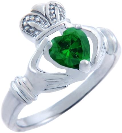 925 Sterling Silver Solitaire May Birthstone CZ Heart Claddagh Ring (Size 7.75)