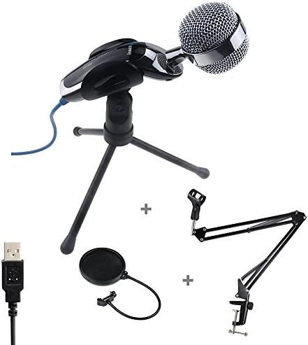 Wanway Set of 4 - Professional USB Studio Recording Desktop Condenser Microphone Mic Comes with Tripod Holder Clip,Suspension Boom Scissor Arm Stand and Pop Filter(USB Plug)