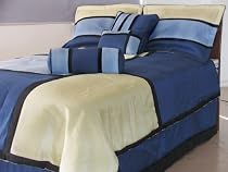 7 Pieces Solid 3 Tone Patchwork Navy, Sky Blue, Beige, with Black Trim Comforter Set/ Bed-in-a-bag Queen Size Bedding