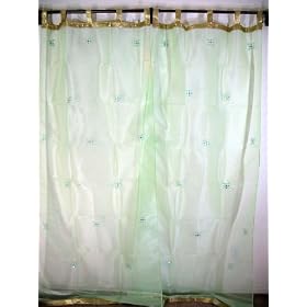 2 Ethnic Sari Green India Organza Sheer Curtains Panels by NovaHaat