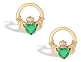 14K Yellow Gold Genuine Heart Emerald and Diamond Celtic Claddagh Earrings