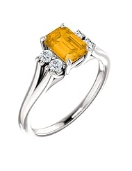 18K White Gold 7.00x5.00mm Emerald Cut Citrine and Diamond Ring -- LIFETIME WARRANTY