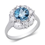 One of a kind 2.25 carats total weight Round Shape Checker Board London Blue Topaz & White CZ Size 8 Gemstone Ring in Sterling Silver