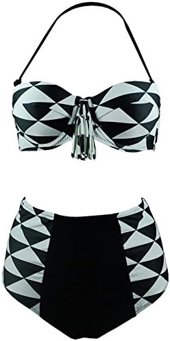 Retro Black White Geometric Patterns High Waist Bikini Swimwear(FBA)