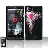 Rubberized Black Pink Vine Heart Snap on Design Case Hard Case Skin Cover Faceplate for Motorola Droid X Mb810