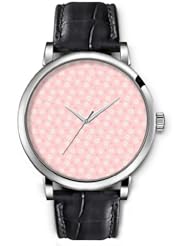 SPRAWL Aanalog Fashion Series Silver Ladies Watches of Genuine Black Leather Strap,Unique Wrist Watch for Women Girls Designed with White flowers on pink background