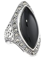 Sterling Silver Marcasite and Marquise Onyx Ring