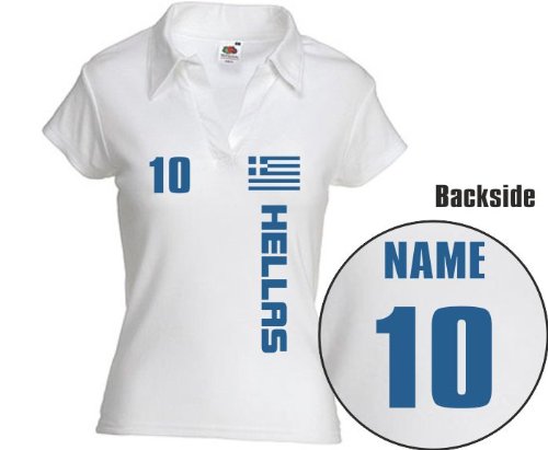 GRIECHENLAND | Hellas | – Trikot Look Damen POLO SHIRT EM – NAME + NUMMER XS BIS XL | Weiß