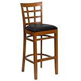 HERCULES Window Back Wood Restaurant Bar Stool - Black Vinyl Seat, Cherry F ....