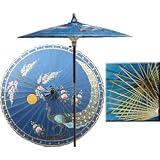 Victory of the Peacock 7 Foot Patio Umbrella With Base -Blue by Oriental Decor