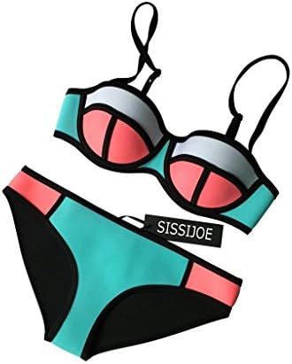SISSIJOE Color Conjoin Women Neoprene Bikini Set Swimwear Swimsuit Blue&amp;Watermelon Red Small
