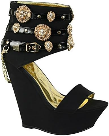 Romina Suede Open toe Wedge Gold Lions Ankle Cuff Shoes black sz.8.5