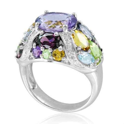 Natural Multi-Color Gems, Citrine, Amethyst and Diamond Ring in Sterling Silver - 8.50 cttw