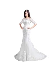 Tulle Elbow Length Sleeves Mermaid Lace Applique Wedding Dress 