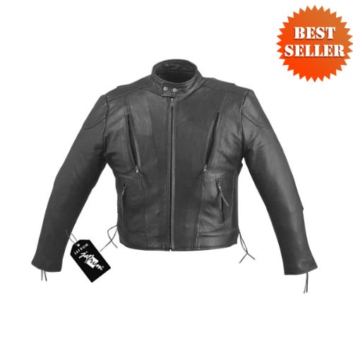 Mens Vented Leather Motorcycle Jackets with Euro Collar MJ470 Mens Vented Leather Motorcycle Jackets with Euro Collar MJ470
