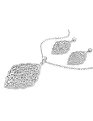 Sterling Silver Elegant Mesh Design Flower Pendant Necklace and Earrings Jewelry Set with Clear CZ