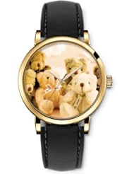 SPRAWL Aanalog Fashion Series Gold Ladies Watches of Genuine Black Leather Strap,Unique Wrist Watch for Women Girls Designed with Teddy Bear