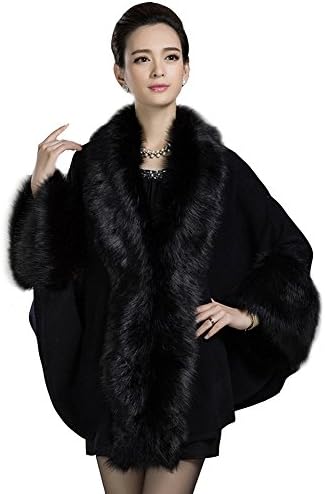 Kranda Christmas Wool Scarf Shawl Cape with Luxury Faux Fox Fur Collar