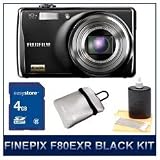 Fujifilm F80EXR 12 MP Digital Point and Shoot Camera (Black), 10X Wide-Angle Optical Zoom Lens, 3 LCD , 720p HD Video, Reversible Neoprene Case, 4 GB Memory, and 3pc. Lens Cleaning Kit
