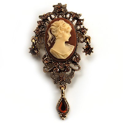Produkt-Bild: Filigrane Kamee-Brosche "Erbin" mit Swarovski-Kristall-Anh&auml;nger (Antikes Gold)