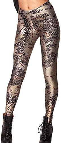 Yazhiyuan Women Elastic High Waist Slim Tight Skinny Stretch Map Print Leggings (Map Print)